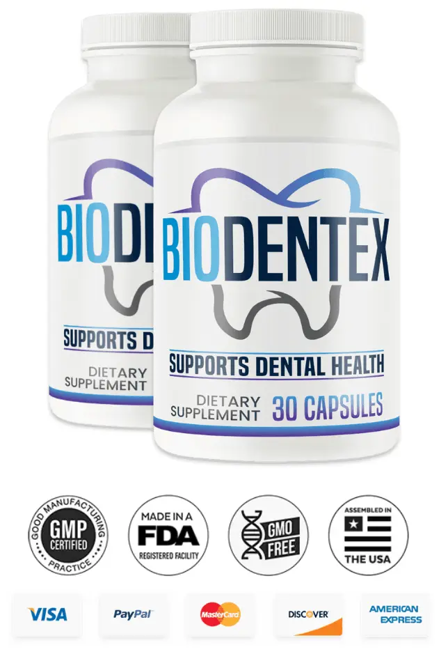 BioDentex hero bottles plus credit cards and certifications